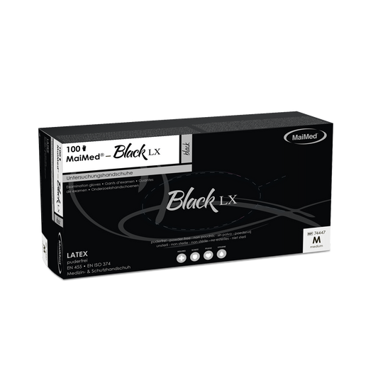 Εξεταστικά γάντια λάτεξ μιας χρήσης MaiMed-Black LX PF, χωρίς πούδρα, 100 τεμάχια/κουτί