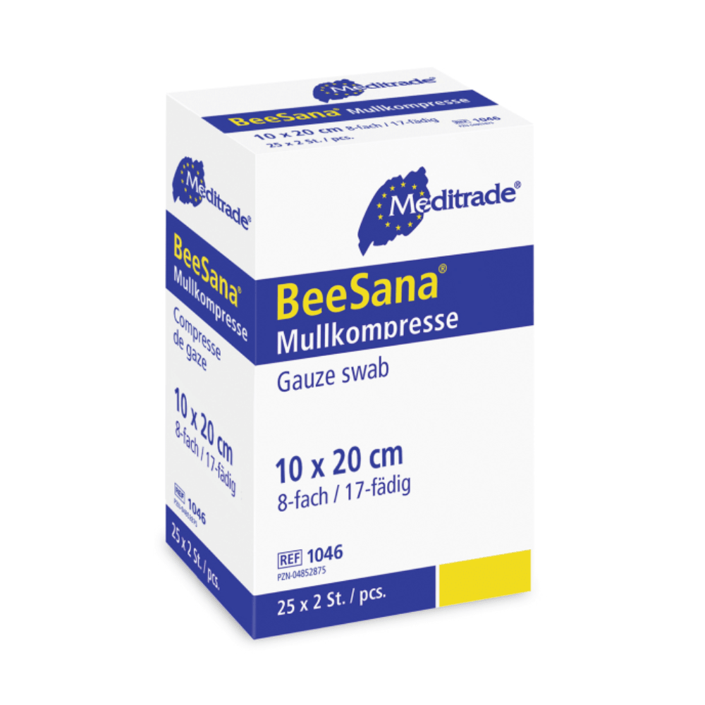 Ένα κουτί με γάζες Meditrade BeeSana®, απλά αποστειρωμένες, 8-πλάσιες αποστειρωμένες γάζες, διαστάσεων 10 x 20 cm, με 8 στρώσεις και 17 νήματα. Η Meditrade GmbH.