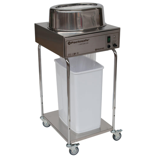 Das Novocal Abfalleinschweißgerät Pactosafe offen - Akkuversion ist ein höhenverstellbares Edelstahl-Abfalleinschweißgerät mit Bedienfeld, runder Metallplatte, weißem Behälter darunter und vier Lenkrollen für Mobilität.