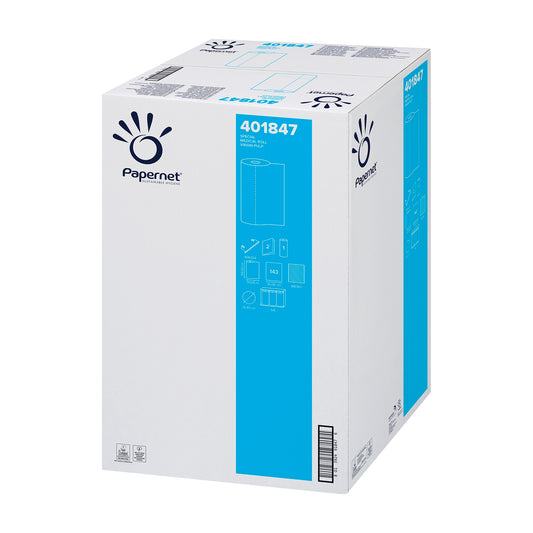 Eine große weiße Schachtel mit blauen Akzenten zeigt das Logo der Sofidel Germany GmbH und die Produktnummer 401847. Die mit Bildern und Beschreibungen verzierte Verpackung verrät ihren Inhalt: Papernet Liegenabdeckung Ärzterolle, ein 2-lagiges Papierprodukt aus Zellulose, perfekt geeignet für Anwendungen wie medizinische Liegenbezüge oder Untersuchungstischbezüge. Jeder Karton enthält 9 Rollen.
