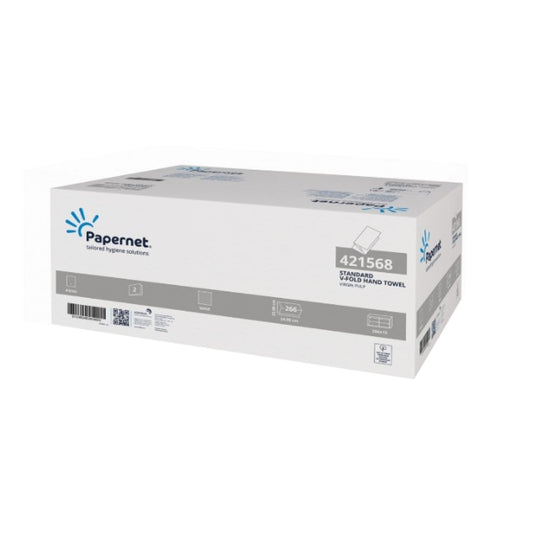 Das Bild zeigt eine große, weiße, rechteckige Schachtel mit Papernet Papierhandtüchern 421568 der Sofidel Germany GmbH mit Markenlogo und Produktdetails. Die Schachtel enthält 3990 Tücher in 2-lagiger V-Falz-Form, verteilt auf 15 Packungen, und unterstreicht so effiziente Hygienelösungen.