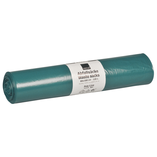 Eine Rolle der Abena Re-Seller GmbH Abfallsäcke 125 L (800x1000 mm, 48 my, LDPE, Blau), Rolle mit 25 Beuteln, ist auf weißem Hintergrund zu sehen; das weiße Etikett zeigt Angaben in Deutsch und Englisch zu Größe und Volumen.