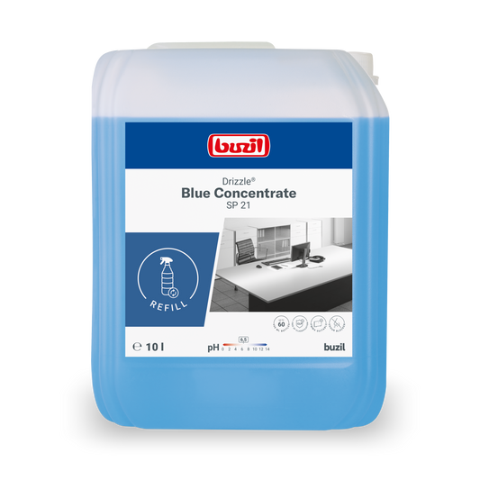Ein 10-Liter Drizzle® Blue Concentrate Universalreiniger blau Kanister von BUZIL-WERK Wagner GmbH & Co. KG, mit blauem Etikett, Nachfüllsymbol, pH 7-Symbol und Sicherheitshinweisen auf der Verpackung.