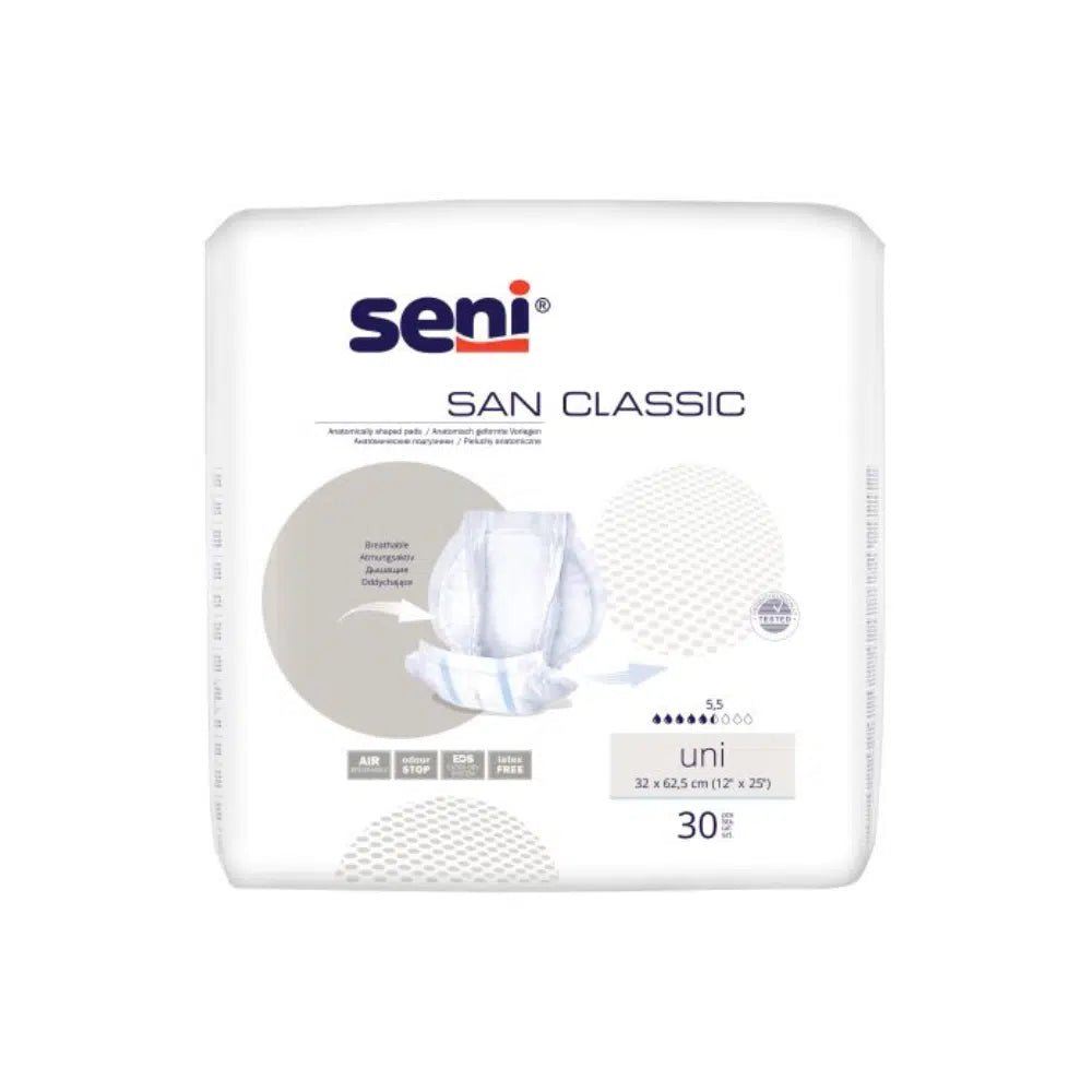 Η φωτογραφία δείχνει μια συσκευασία San Seni Κλασική πάνα ακράτειας «Classic Uni» της TZMO Deutschland GmbH. Η συσκευασία είναι κυρίως λευκή με μπλε και μπεζ λεπτομέρειες και φέρει κείμενο με πληροφορίες σχετικά με την απορροφητικότητα και το μέγεθος. Για επιπλέον άνεση κατά τη χρήση, η συσκευασία περιέχει 30 πάνες.