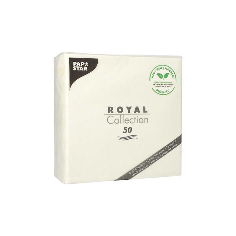 Μια συσκευασία PAPSTAR Οι χαρτοπετσέτες «ROYAL Collection» με πτύχωση 1/4, περιέχουν 50 τεμάχια και είναι ιδανικές για τη διακόσμηση του τραπεζιού σας. Η συσκευασία φέρει μια οικολογική ετικέτα με σχέδιο φύλλου, που υποδηλώνει ότι το προϊόν είναι 100% κομποστοποιήσιμο. Αυτές οι λευκές χαρτοπετσέτες, κατασκευασμένες από την PAPSTAR Η GmbH παρουσιάζει ένα απλό και κομψό λογότυπο.