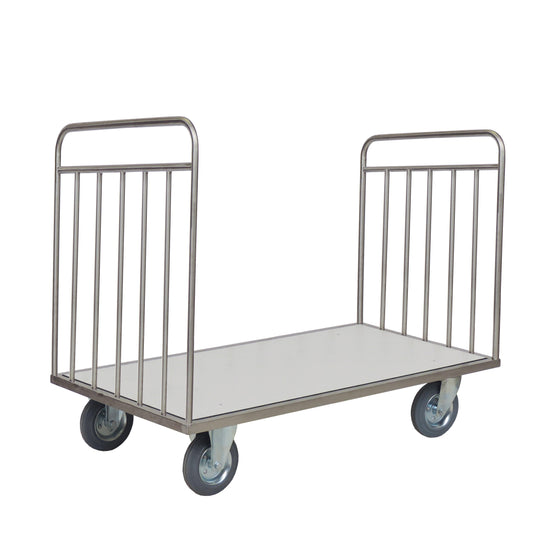 Der Novocal Transportwagen ohne Rückwand verfügt über einen Edelstahlrahmen, eine flache Oberfläche, offene Seiten und vertikale Stangen an beiden Enden - ideal für den Transport großer oder schwerer Gegenstände. Alle Rohrverbindungen sind für eine lange Lebensdauer vollständig verschweißt.