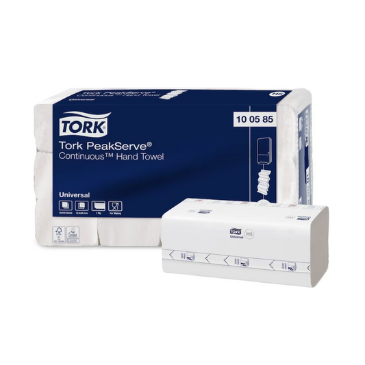 Die Tork PeakServe® 100585 Endlos™ Handtücher von Essity Professional Hygiene Germany GmbH zeichnen sich durch ein Verpackungsdesign aus, das überwiegend weiß mit blauen Akzenten und Text ist. Diese einlagigen Universalhandtücher sind für ihre Weichheit und Saugfähigkeit bekannt, was sie zu idealen komprimierten Handtüchern für Umgebungen mit hohem Besucherdurchlauf macht. Das Produkt ist in einem Karton mit 12 Packungen erhältlich.