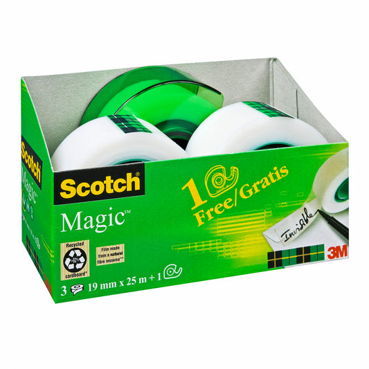 Eine grün-gelbe Schachtel mit 3M Scotch® Magic™ Unsichtbares Klebeband mit drei Rollen von 19 mm x 25 m, einem Freihandspender und der Aufschrift "1 Gratis". Das 3M-Logo befindet sich in der unteren rechten Ecke.