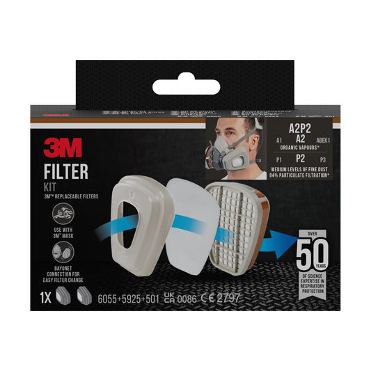 Der 3M™ Filtersatz 6002-1, A2P2 (2x6055, 2x5925, 2x501) von 3M Deutschland GmbH ist in einer Verpackung mit einem Filter-Montageskizze, Anwendermaske, Produktinfo und Text zu Kompatibilität und Schutz dargestellt. Die Verpackung enthält 1 Stück.