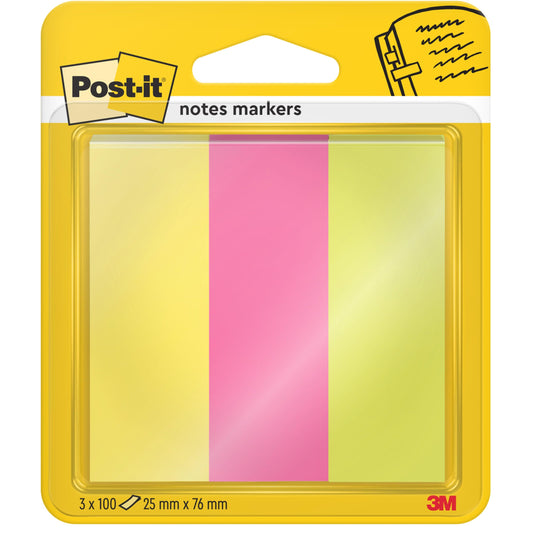 Die Post-it® Page Marker Energetic Collection von 3M Deutschland GmbH besteht aus drei Blöcken im Format 25 mm x 76 mm (100 Blatt/Block) in leuchtenden Farben und einer gelben Verpackung mit einem Fenster, auf dem die Marker sowie die Logos von Post-it und 3M abgebildet sind.