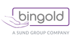 Graues „bingold“ Logo mit lila Umrandung, Handgrafik links und Zusatz „A SUND GROUP COMPANY“ darunter