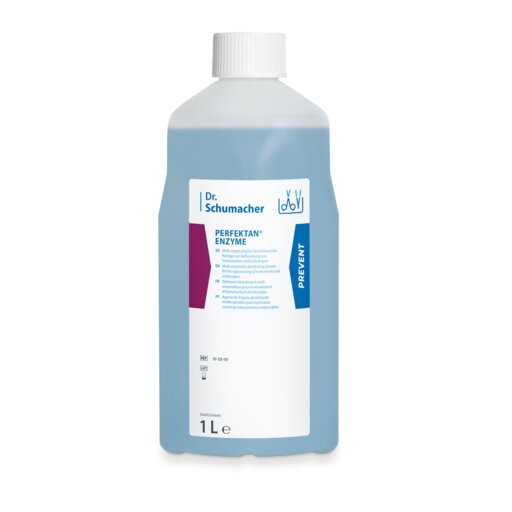 Το πλαστικό μπουκάλι 1 λίτρου Dr. Schumacher PERFEKTAN® ENZYME της Dr. Schumacher GmbH για τον ενζυματικό καθαρισμό ιατρικών εργαλείων έχει λευκό καπάκι, μπλε υγρό και ετικέτα με μπλε-μοβ λεπτομέρειες και πληροφορίες προϊόντος.