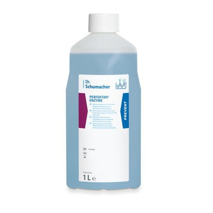Το πλαστικό μπουκάλι 1 λίτρου Dr. Schumacher PERFEKTAN® ENZYME της Dr. Schumacher GmbH για τον ενζυματικό καθαρισμό ιατρικών εργαλείων έχει λευκό καπάκι, μπλε υγρό και ετικέτα με μπλε-μοβ λεπτομέρειες και πληροφορίες προϊόντος.