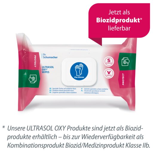 Μια συσκευασία Dr. Schumacher Ultrasol Oxy Wipes απολυμαντικά μαντηλάκια (108 μαντηλάκια) είναι επισημασμένη με το μπλε σύμβολο "Use Gloves" (χρησιμοποιήστε γάντια) και υποδηλώνει τη διαθεσιμότητά τους ως βιοκτόνο προϊόν, με το γερμανικό κείμενο να τονίζει τη χρήση για ιατρικό εξοπλισμό.