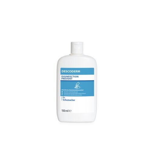 Ένα λευκό μπουκάλι 150 ml Dr. Schumacher Descoderm Industrial Handdesinfektion της Dr. Schumacher GmbH με μια μπλε-λευκή ετικέτα στέκεται όρθιο σε ένα απλό λευκό φόντο.