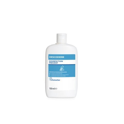 Ένα λευκό μπουκάλι 150 ml Dr. Schumacher Descoderm Industrial Handdesinfektion της Dr. Schumacher GmbH με μια μπλε-λευκή ετικέτα στέκεται όρθιο σε ένα απλό λευκό φόντο.
