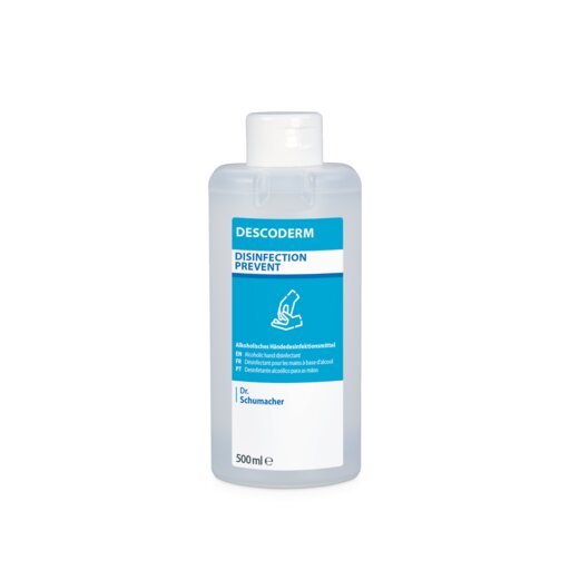 Διαφανές μπουκάλι 500 ml Dr. Schumacher Descoderm Industrial Handdesinfektion της Dr. Schumacher GmbH, με μπλε-λευκή ετικέτα που δείχνει ένα χέρι και γερμανικό κείμενο· με βάση το αλκοόλ, χωρίς άρωμα, με λευκό καπάκι.