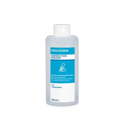 Διαφανές μπουκάλι 500 ml Dr. Schumacher Descoderm Industrial Handdesinfektion της Dr. Schumacher GmbH, με μπλε-λευκή ετικέτα που δείχνει ένα χέρι και γερμανικό κείμενο· με βάση το αλκοόλ, χωρίς άρωμα, με λευκό καπάκι.