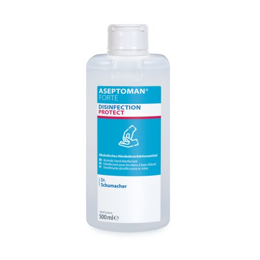 Eine 500-ml-Klarsichtflasche Dr. Schumacher GmbH Aseptoman® forte Händedesinfektionsmittel, blau-weißes Etikett, mit weißem Flip-Top-Verschluss.