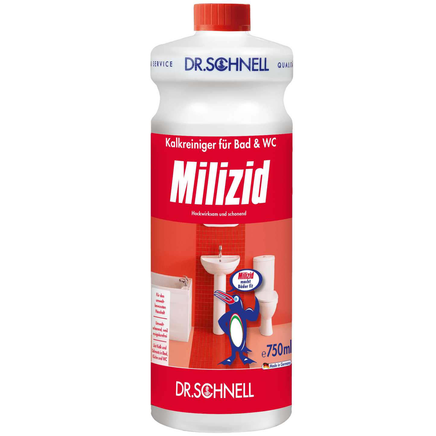 Το μπουκάλι των 750 ml Dr. Schnell MILIZID KALKREINIGER της DR.SCHNELL GmbH & Co. KGaA με κόκκινη-λευκή ετικέτα και μοτίβο μπάνιου είναι ένας ισχυρός αποκαθαριστής για τον καθαρισμό του μπάνιου και της τουαλέτας.