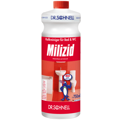 Το μπουκάλι των 750 ml Dr. Schnell MILIZID KALKREINIGER της DR.SCHNELL GmbH & Co. KGaA με κόκκινη-λευκή ετικέτα και μοτίβο μπάνιου είναι ένας ισχυρός αποκαθαριστής για τον καθαρισμό του μπάνιου και της τουαλέτας.