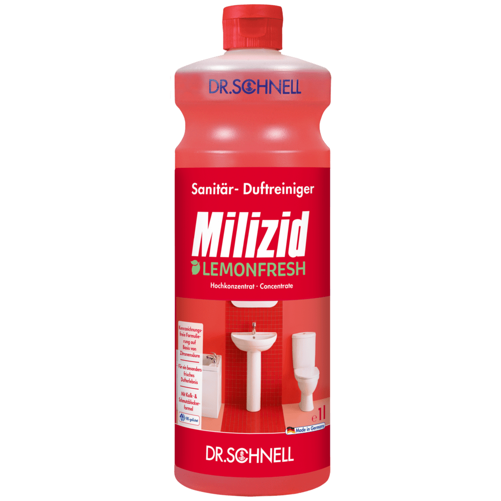 Ένα κόκκινο μπουκάλι Dr. Schnell MILIZID LEMONFRESH της DR.SCHNELL GmbH & Co. KGaA, με κόκκινο καπάκι, γερμανικό κείμενο και εικόνες ενός νεροχύτη και μιας τουαλέτας στην ετικέτα.