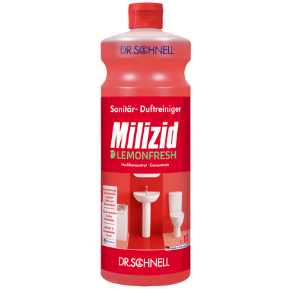 Ένα κόκκινο μπουκάλι Dr. Schnell MILIZID LEMONFRESH της DR.SCHNELL GmbH & Co. KGaA, με κόκκινο καπάκι, γερμανικό κείμενο και εικόνες ενός νεροχύτη και μιας τουαλέτας στην ετικέτα.