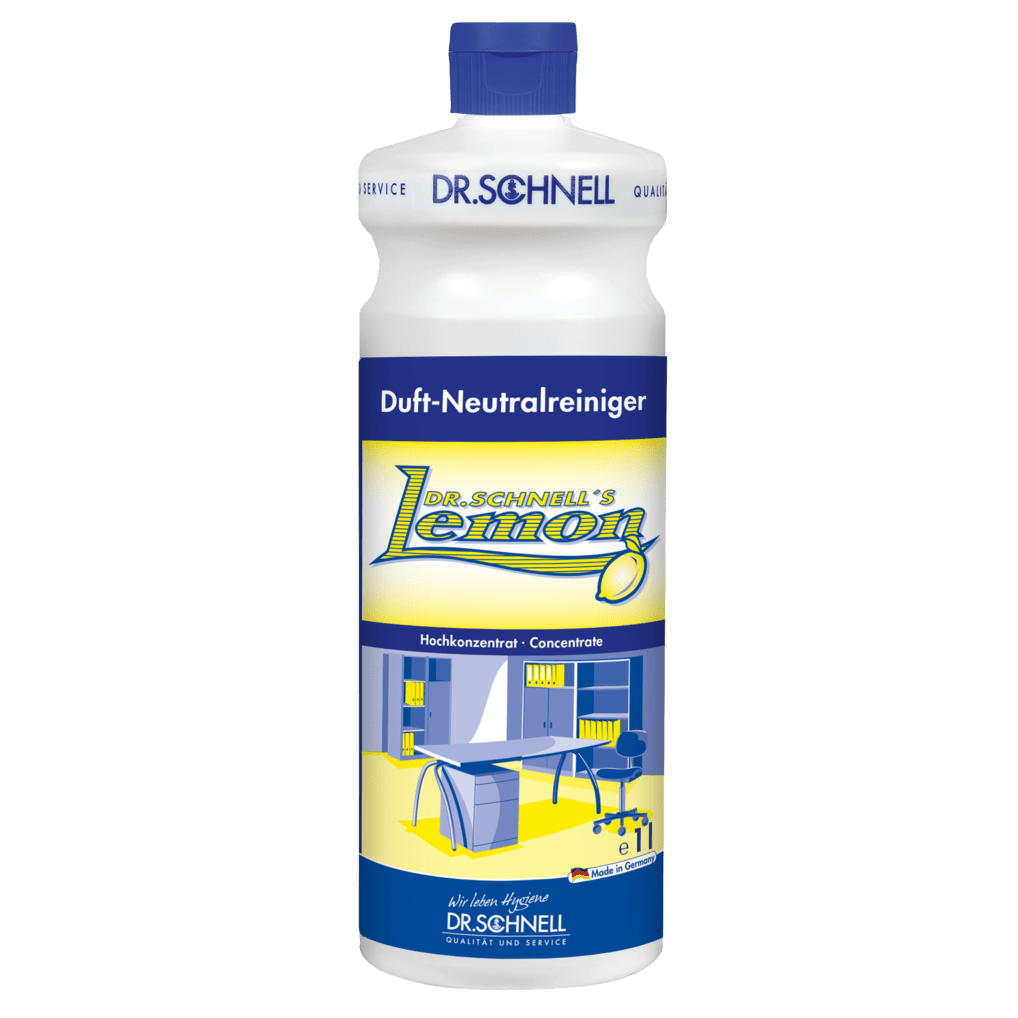 Ένα πλαστικό μπουκάλι από Dr. Schnell DR.SCHNELL'S LEMON της DR.SCHNELL GmbH & Co. KGaA, με μπλε καπάκι και κίτρινη-μπλε ετικέτα που δείχνει μια μοντέρνα κουζίνα, ιδανικό για την καθαριότητα του σπιτιού.
