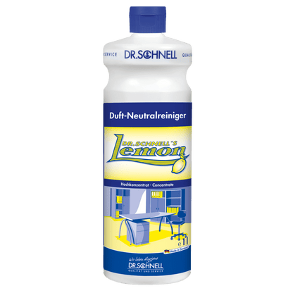 Ένα πλαστικό μπουκάλι από Dr. Schnell DR.SCHNELL'S LEMON της DR.SCHNELL GmbH & Co. KGaA, με μπλε καπάκι και κίτρινη-μπλε ετικέτα που δείχνει μια μοντέρνα κουζίνα, ιδανικό για την καθαριότητα του σπιτιού.