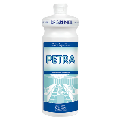 Eine weiße 1-Liter-Kunststoffflasche mit der Aufschrift "Dr. Schnell PETRA Öl- und Fettlöser für Oberflächen" der DR.SCHNELL GmbH & Co. KGaA, mit blauer Schrift und Grafik, enthält einen hochkonzentrierten Oberflächenreiniger und Öl-/Fettlöser für die kraftvolle Reinigung.