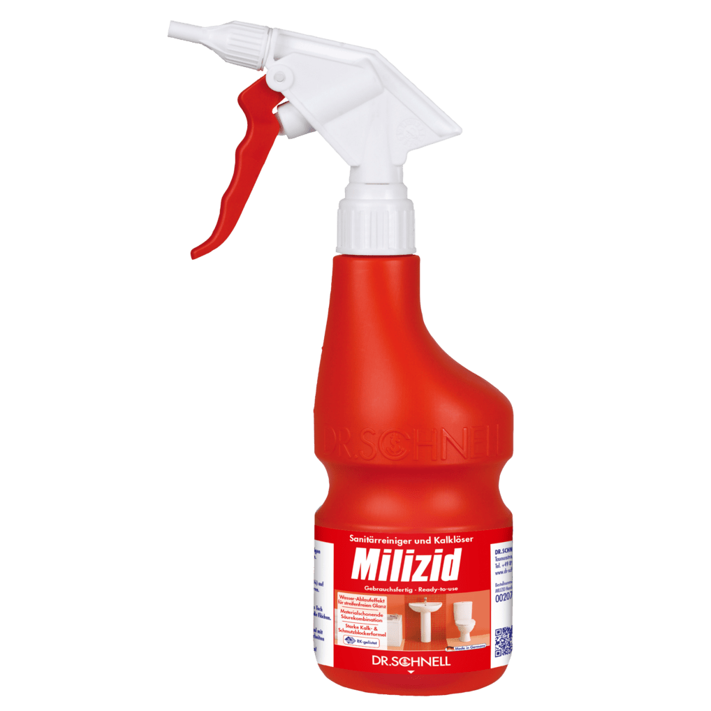 Η Dr. Schnell άδεια φιάλη ψεκασμού χεριών 600 ml από την DR.SCHNELL GmbH & Co. KGaA είναι ένα κόκκινο-λευκό μπουκάλι ψεκασμού με γερμανικό κείμενο, σύμβολα καθαρισμού για το μπάνιο, έναν QR κωδικό και μια σκανδάλη.