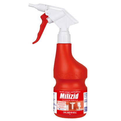 Η Dr. Schnell άδεια φιάλη ψεκασμού χεριών 600 ml από την DR.SCHNELL GmbH & Co. KGaA είναι ένα κόκκινο-λευκό μπουκάλι ψεκασμού με γερμανικό κείμενο, σύμβολα καθαρισμού για το μπάνιο, έναν QR κωδικό και μια σκανδάλη.