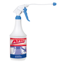 Weiße 1L Sprühflasche mit blauem Auslöser und der Aufschrift "Dr. Schnell ATTILA EXTRA STARK Grill- und Backofenreiniger, Küchenhygiene" der DR.SCHNELL GmbH & Co. KGaA, mit einem rot-blauen Etikett mit deutschem Text für Küchenhygiene.