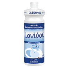 Eine weiß-blaue 1-Liter-Flasche Dr. Schnell LAVIDOL Sanitärreiniger der DR.SCHNELL GmbH & Co. KGaA ist mit deutschem Text und der Abbildung eines Waschbeckens und eines Wasserhahns versehen und enthält konzentrierten neutralen Sanitärreiniger.
