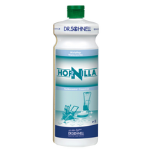 Eine weiße 1-Liter-Flasche Dr. Schnell HORNILLA von DR.SCHNELL GmbH & Co. KGaA, mit grüner Kappe, blauem und blaugrünem Etikett mit Abbildungen von Reinigungsgeräten, entwickelt für eine kraftvolle professionelle Reinigung.