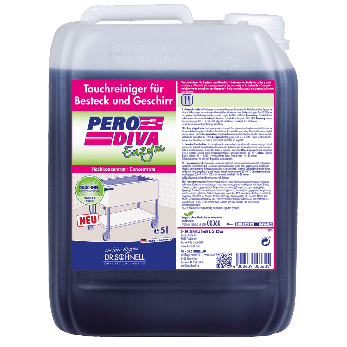 Ένα πλαστικό δοχείο 5 λίτρων του καθαριστικού λουτρού Dr. Schnell PERO DIVA για την υγιεινή κουζίνας και τροφίμων της DR.SCHNELL GmbH & Co. KGaA, με ροζ και λευκή ετικέτα με πληροφορίες προϊόντος, οδηγίες και εικόνες από λαμπερά πιάτα.