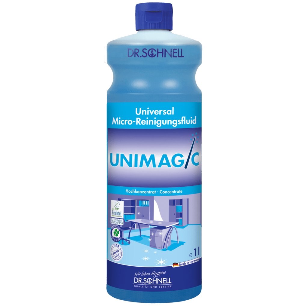 Ένα μπλε μπουκάλι 1 λίτρου Dr. Schnell UNIMAGIC Universalreiniger της DR.SCHNELL GmbH & Co. KGaA με μπλε καπάκι και ετικέτα με πληροφορίες προϊόντος και σύμβολα καθαρισμού.