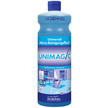 Ένα μπλε μπουκάλι 1 λίτρου Dr. Schnell UNIMAGIC Universalreiniger της DR.SCHNELL GmbH & Co. KGaA με μπλε καπάκι και ετικέτα με πληροφορίες προϊόντος και σύμβολα καθαρισμού.