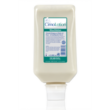 Eine rechteckige 2.000 ml cremefarbene Dr. Schnell CIMOLOTION Spenderflasche der DR.SCHNELL GmbH & Co. KGaA trägt ein blaugrünes "CimoLotion Waschlotion"-Etikett mit der Aufschrift "Hygienische Dosierung" und "Hautpflegeprodukte" in deutscher Sprache.
