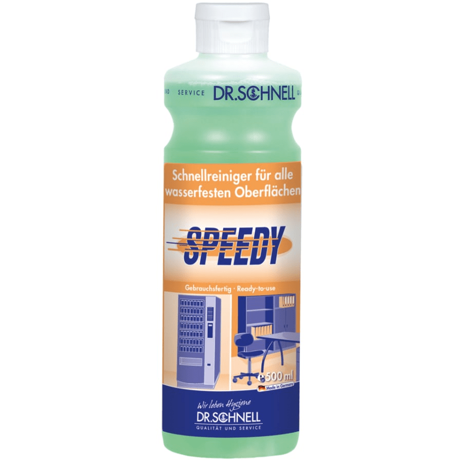 Ένα μπουκάλι 500 ml Dr. Schnell SPEEDY της DR.SCHNELL GmbH & Co. KGaA περιέχει πράσινο υγρό για γρήγορο καθαρισμό όλων των αδιάβροχων επιφανειών στο σπίτι, με εικόνες αυτόματων μηχανών και επίπλων γραφείου στην ετικέτα.