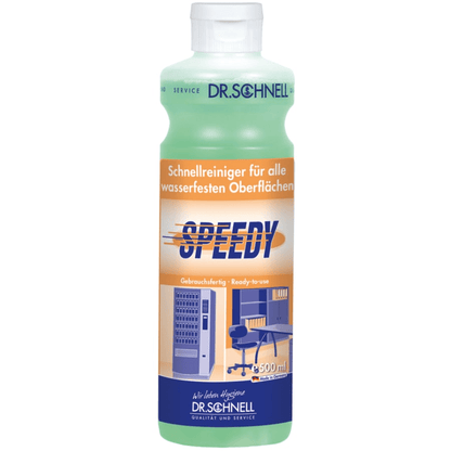 Ένα μπουκάλι 500 ml Dr. Schnell SPEEDY της DR.SCHNELL GmbH & Co. KGaA περιέχει πράσινο υγρό για γρήγορο καθαρισμό όλων των αδιάβροχων επιφανειών στο σπίτι, με εικόνες αυτόματων μηχανών και επίπλων γραφείου στην ετικέτα.