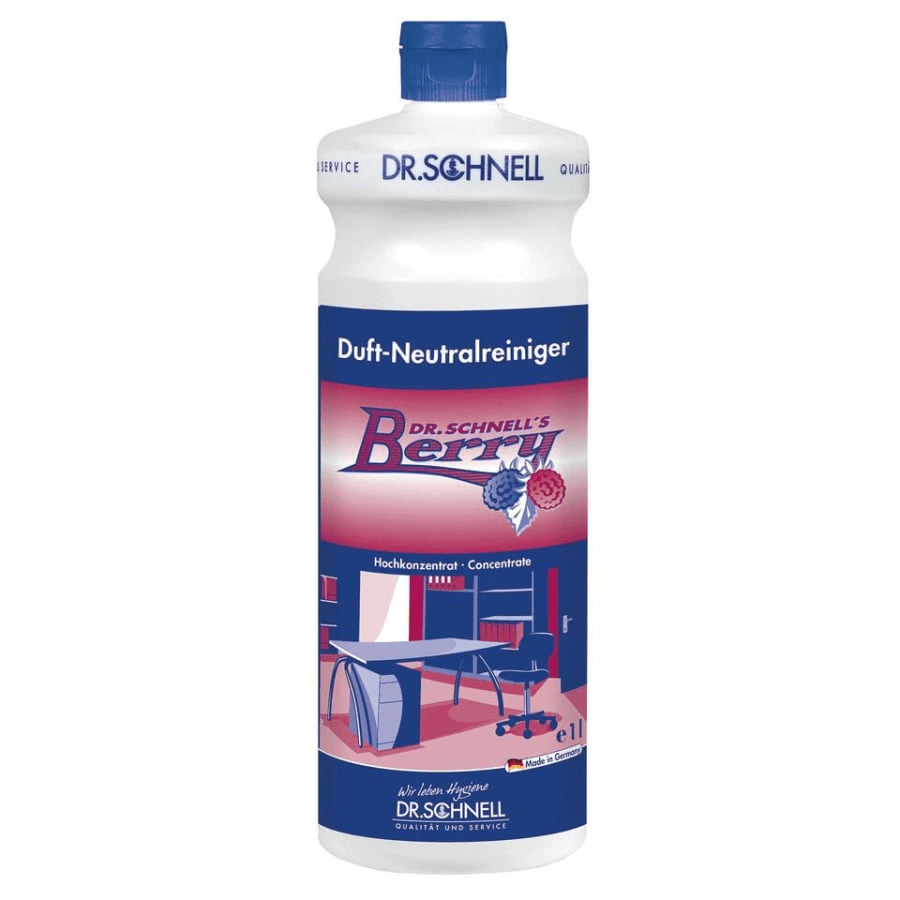 Το λευκό μπουκάλι από Dr. Schnell DR.SCHNELL'S BERRY της DR.SCHNELL GmbH & Co. KGaA με μπλε καπάκι και ετικέτα, γραφικό μούρων και άρωμα μούρων υπογραμμίζει την καταλληλότητά του για τον καθαρισμό γραφείων και εσωτερικών χώρων.