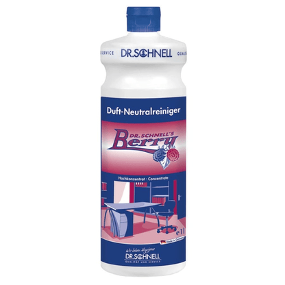 Το λευκό μπουκάλι από Dr. Schnell DR.SCHNELL'S BERRY της DR.SCHNELL GmbH & Co. KGaA με μπλε καπάκι και ετικέτα, γραφικό μούρων και άρωμα μούρων υπογραμμίζει την καταλληλότητά του για τον καθαρισμό γραφείων και εσωτερικών χώρων.