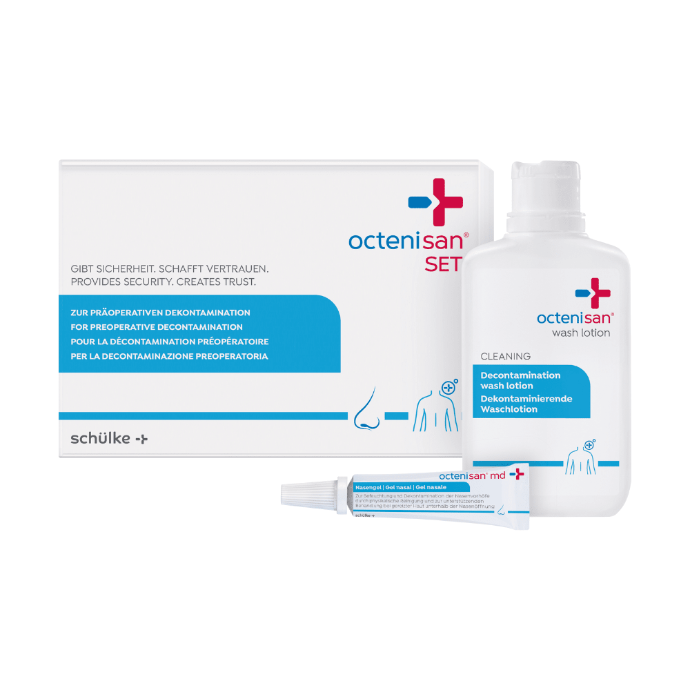 Το σετ Schülke octenisan® της Schülke & Mayr GmbH περιλαμβάνει ένα λοσιόν πλύσης και ένα ρινικό τζελ (2 τεμαχίων) σε μπλε-λευκή συσκευασία με πολυγλωσσικές πληροφορίες – ιδανικό για την προεγχειρητική απολύμανση. 1 συσκευασία (σετ).