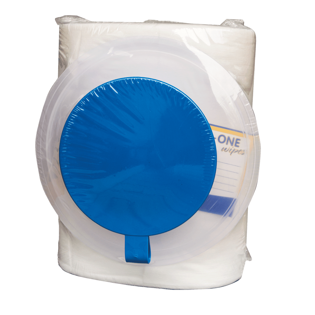 Μια συσκευασία της DR.SCHNELL GmbH & Co. KGaA Dr. Schnell DESIFOR-ONE WIPES μη εμποτισμένα πανιά (90 πανιά), συσκευασμένα σε πλαστικό με μπλε καπάκι διανομής και μερικώς ορατή ετικέτα στη δεξιά πλευρά.