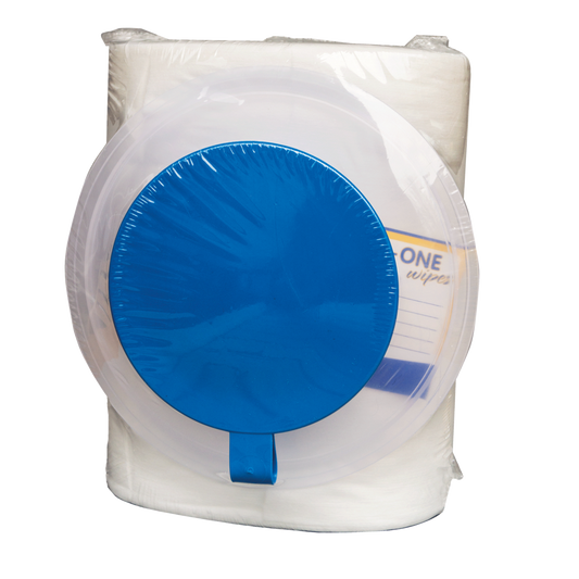 Eine Packung der DR.SCHNELL GmbH & Co. KGaA Dr. Schnell DESIFOR-ONE WIPES ungetränkte Vliestücher (90 Tücher), in Kunststoff verpackt mit blauem Spenderdeckel und teilweise sichtbarem Etikett auf der rechten Seite.