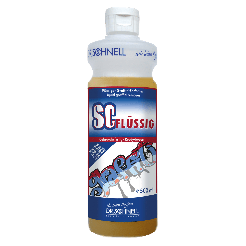 Ένα μπουκάλι 500 ml Dr. Schnell SC FLÜSSIG Graffitientferner της DR.SCHNELL GmbH & Co. KGaA, με λευκό καπάκι και μπλε-κόκκινη-λευκή ετικέτα με γερμανικές και αγγλικές πληροφορίες για την αποτελεσματική αφαίρεση γκράφιτι.