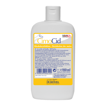 Λευκό πλαστικό μπουκάλι με Dr. Schnell CIMOCID SENSITIVE απολύμανσης χεριών (150 ml) της DR.SCHNELL GmbH & Co. KGaA, με κίτρινη/μπλε γερμανική και γαλλική ετικέτα με πληροφορίες για την αποτελεσματική μείωση μικροβίων, γραμμωτό κώδικα και κλειστό καπάκι.