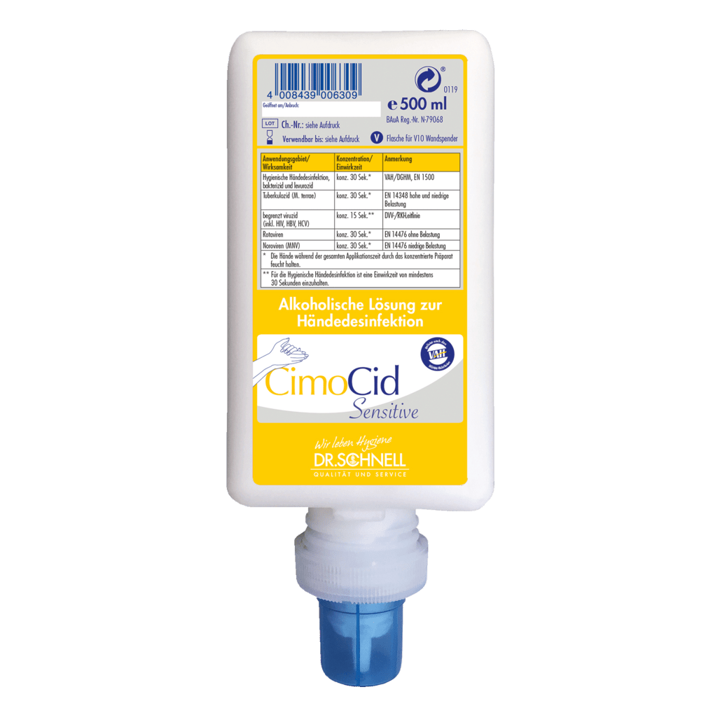 Ένα λευκό μπουκάλι 500 ml Dr. Schnell CIMOCID SENSITIVE απολύμανσης χεριών της DR.SCHNELL GmbH & Co. KGaA, με μπλε καπάκι και κίτρινη-μπλε ετικέτα στη γερμανική γλώσσα. Απαλό στο δέρμα, κατάλληλο για αποτελεσματική μείωση μικροβίων.