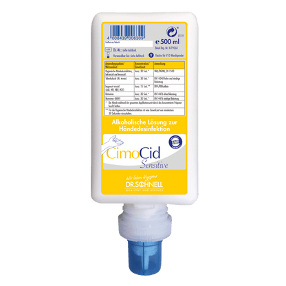 Ένα λευκό μπουκάλι 500 ml Dr. Schnell CIMOCID SENSITIVE απολύμανσης χεριών της DR.SCHNELL GmbH & Co. KGaA, με μπλε καπάκι και κίτρινη-μπλε ετικέτα στη γερμανική γλώσσα. Απαλό στο δέρμα, κατάλληλο για αποτελεσματική μείωση μικροβίων.